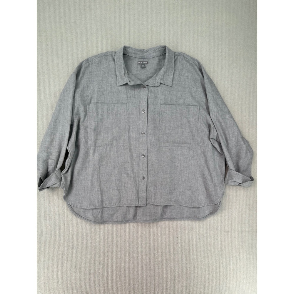 Falls Creek Womens 2X Gray Button Down Shirt Oversized High Low Pocket Blouse